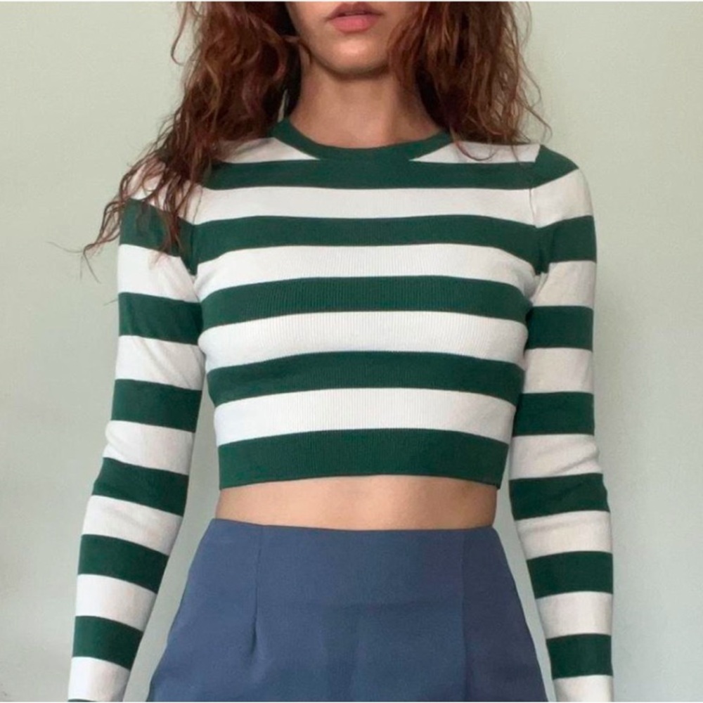 Zara Green and White Striped Crop Sweater